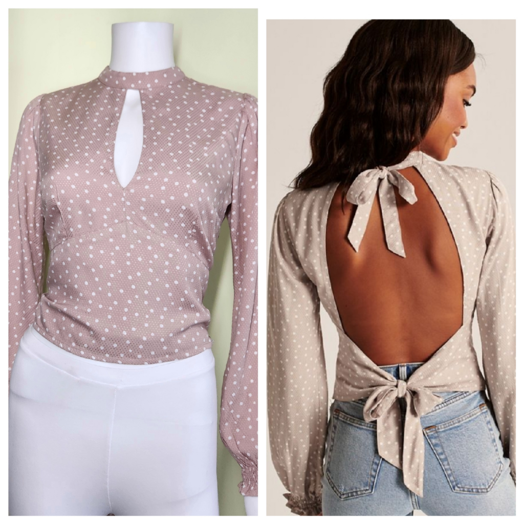 Abercrombie& Fitch Open Back Top Size S Polka Dot Taupe Blouse Long Sleeves Luxe