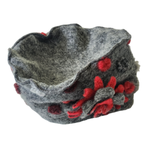 La Fenice Wool Hat Womens Gray-Red Floral Felt Flower Applique Made In Italy