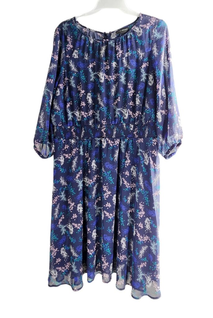 Lane Bryant Floral Elastic Waist Midi Dress 3/4 Sleeve Chiffon Blue Size 22